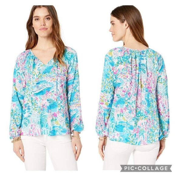Lilly Pulitzer Willa ‘postcards from Positano” 100% silk peasant tunic top - Picture 1 of 10